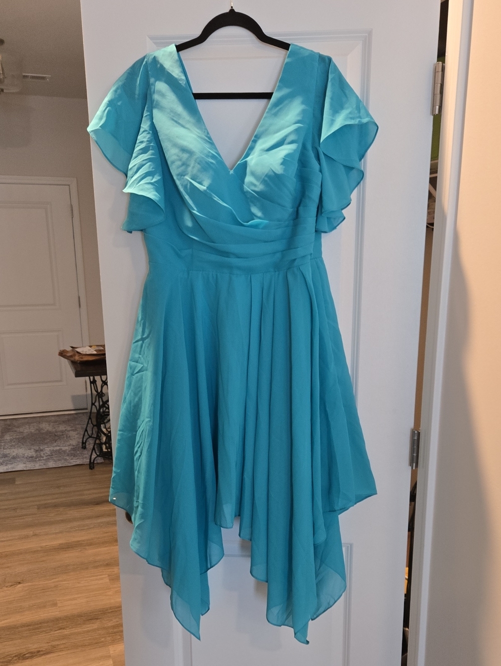 NEW V-Neck Asymmetrical Flutter-Sleeve Dress in Aquamarine